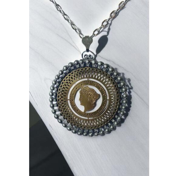 Vintage 1913 Liberty Woman's Profile Openwork 2 Tone Coin Style Pendant Necklace - Picture 1 of 7